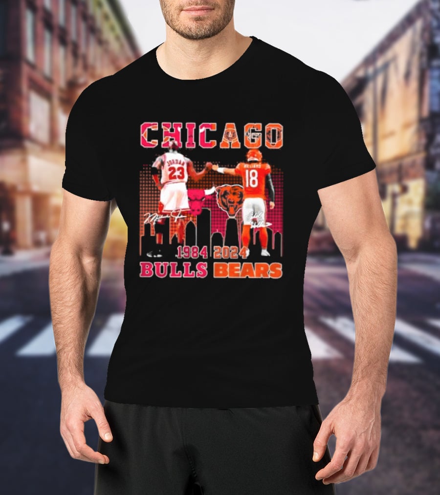Chicago Bulls Michael Jordan 23 And Chicago Bears Caleb Williams 18 1984 2024 Signatures T-Shirt