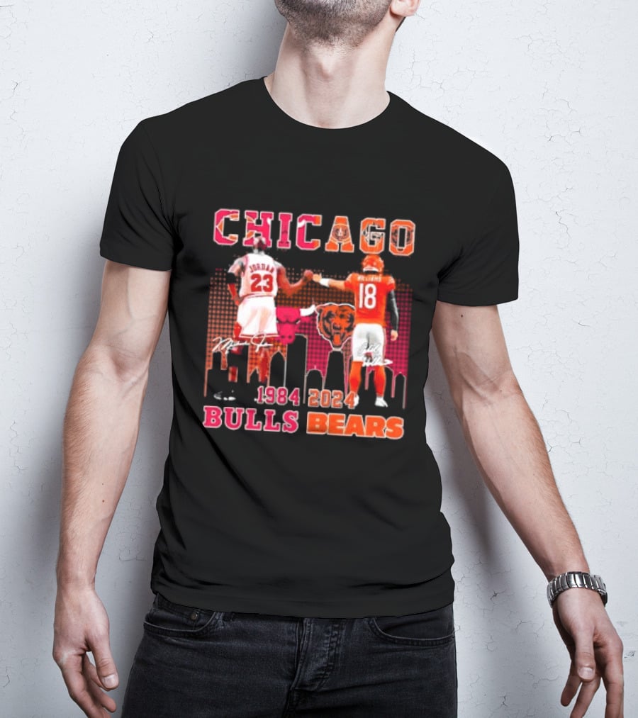 Chicago Bulls Michael Jordan 23 And Chicago Bears Caleb Williams 18 1984 2024 Signatures T-Shirt