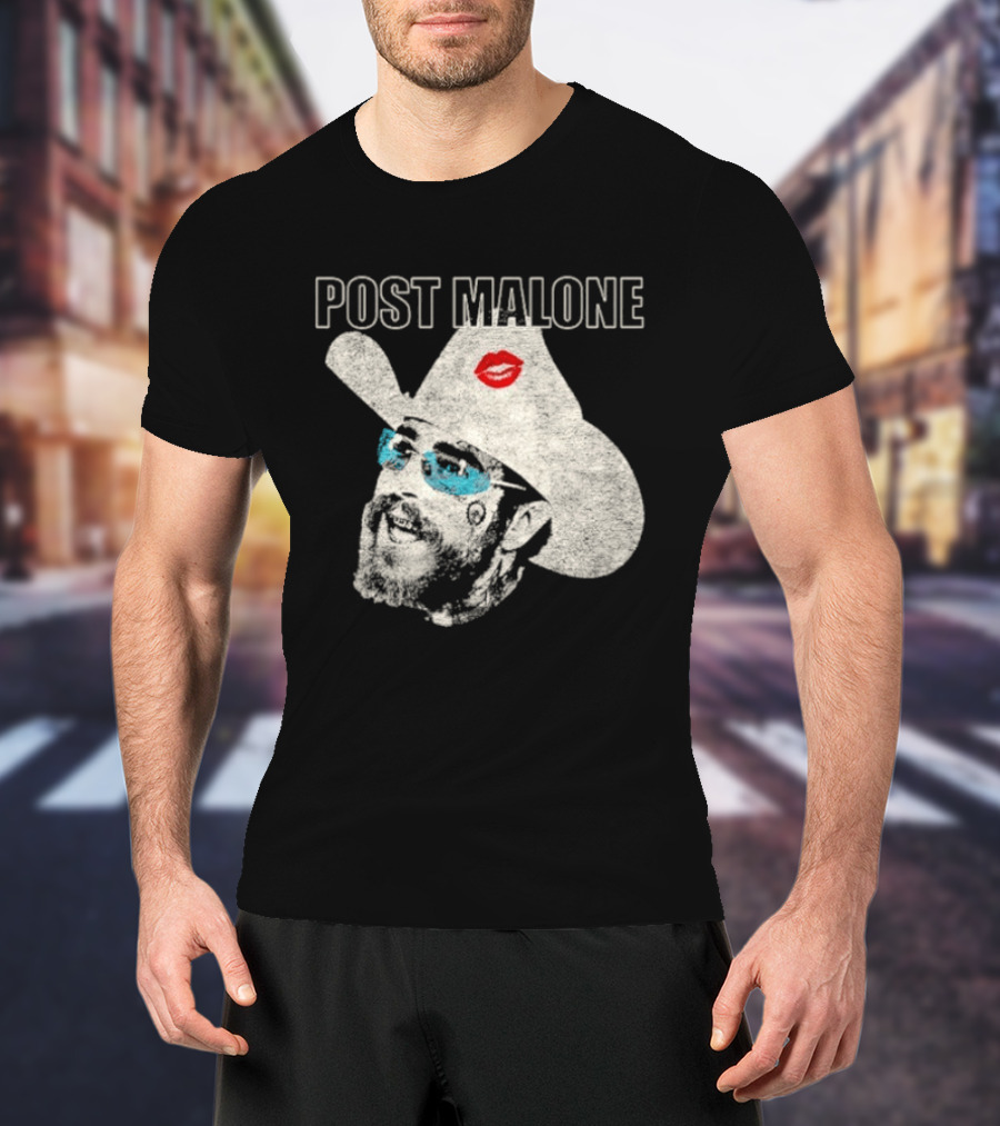 Post Malone Cowboy Hat Kiss Red Lips Blue Sunglasses T-Shirt