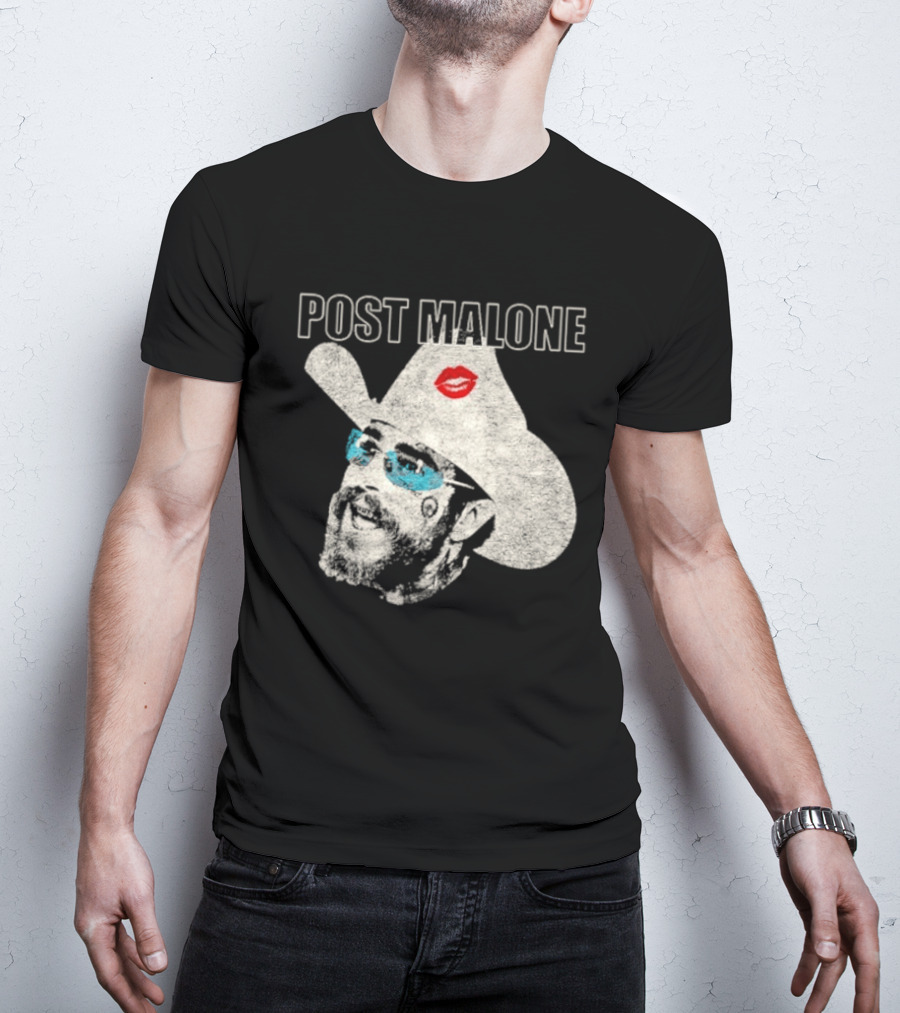 Post Malone Cowboy Hat Kiss Red Lips Blue Sunglasses T-Shirt