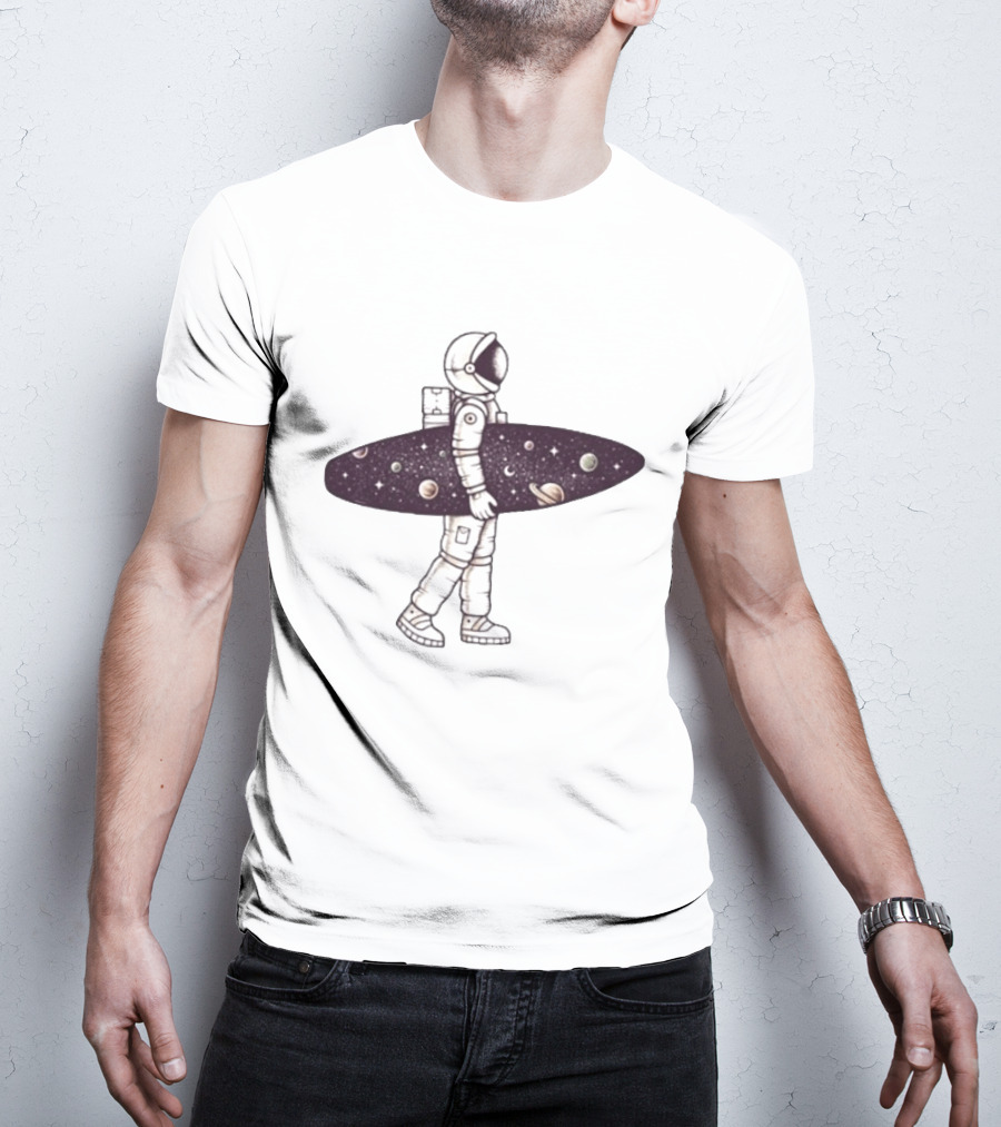 Astronaut Surfer Exploring Cosmic Adventure With Planets And Stars T-Shirt