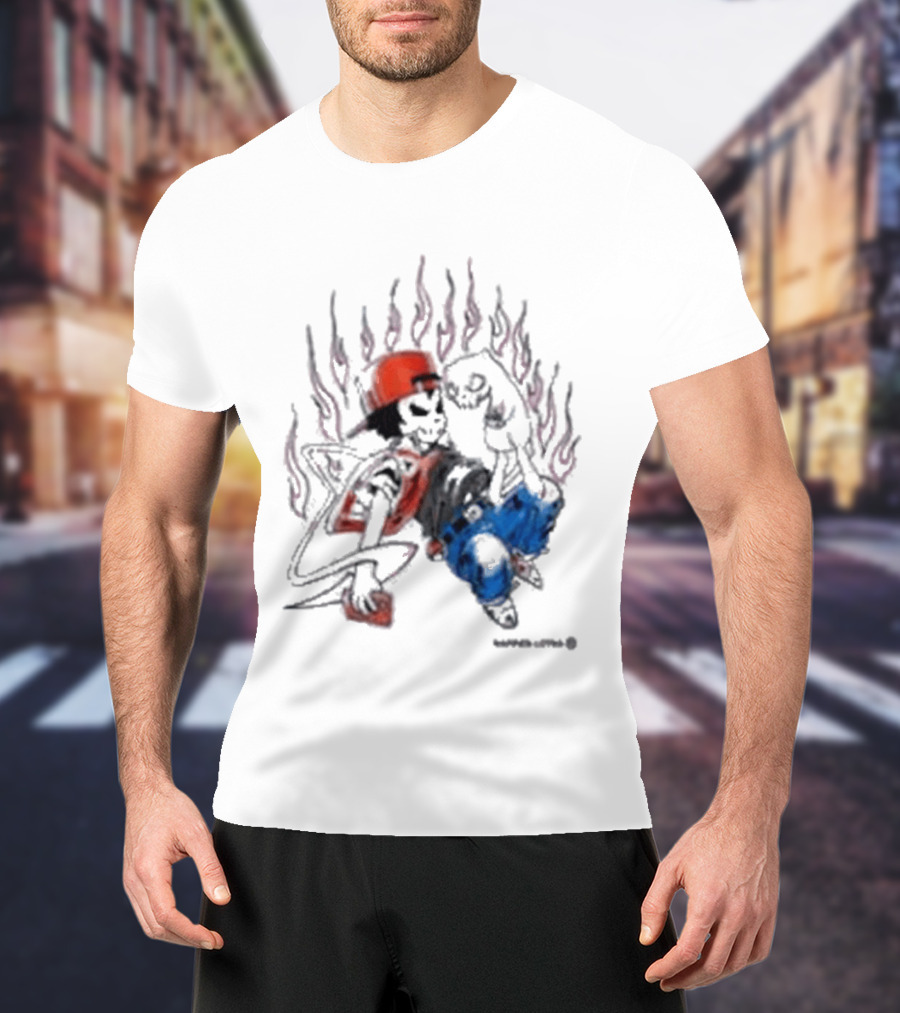 Warren Lotas Boy And Cat Surrounded By Flames Vintage Streetwear T-Shirt