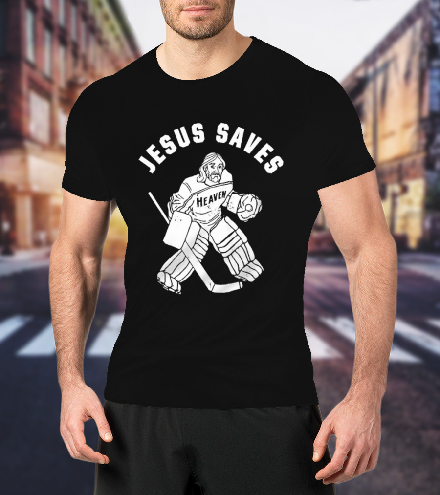 Jesus Saves Hockey Goalie Blocking Puck T-Shirt