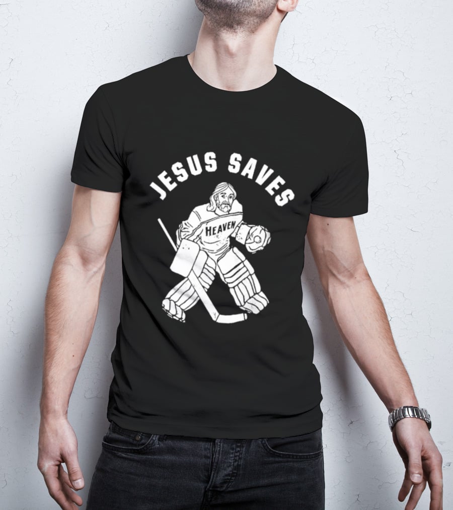 Jesus Saves Hockey Goalie Blocking Puck T-Shirt
