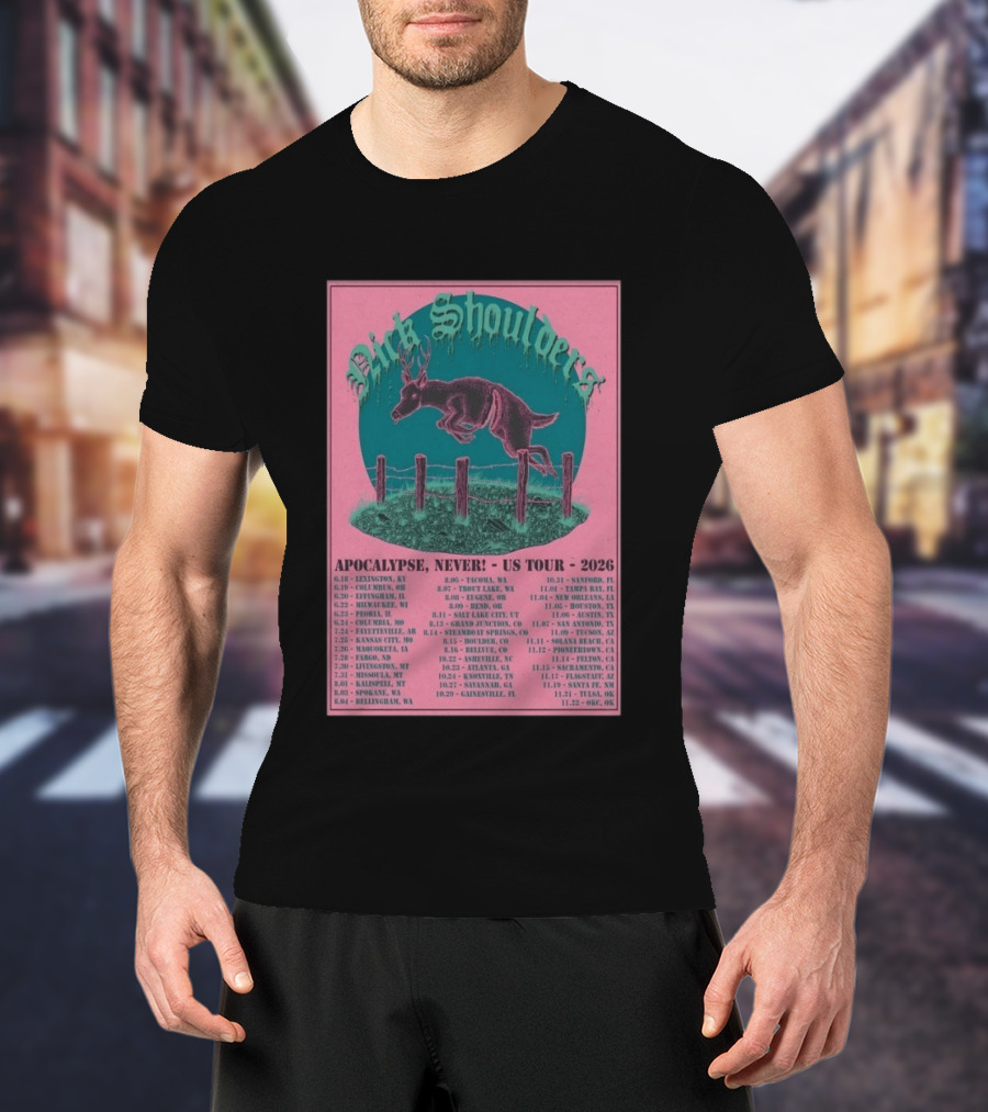 Nick Shoulders Apocalypse Never US Tour 2026 Retro Pink And Teal Leaping Deer Design With Tour Dates T-Shirt