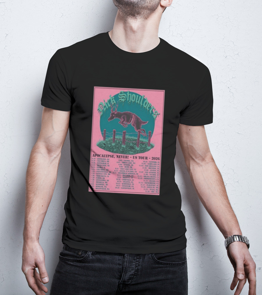 Nick Shoulders Apocalypse Never US Tour 2026 Retro Pink And Teal Leaping Deer Design With Tour Dates T-Shirt