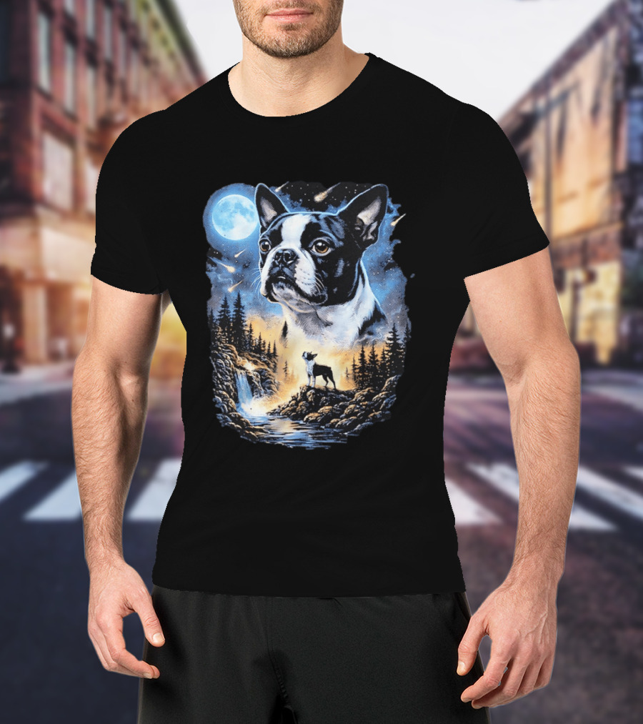 Boston Terrier Howling Moon Night Wilderness Scene T-Shirt
