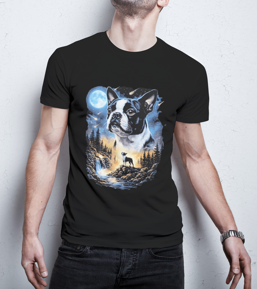 Boston Terrier Howling Moon Night Wilderness Scene T-Shirt