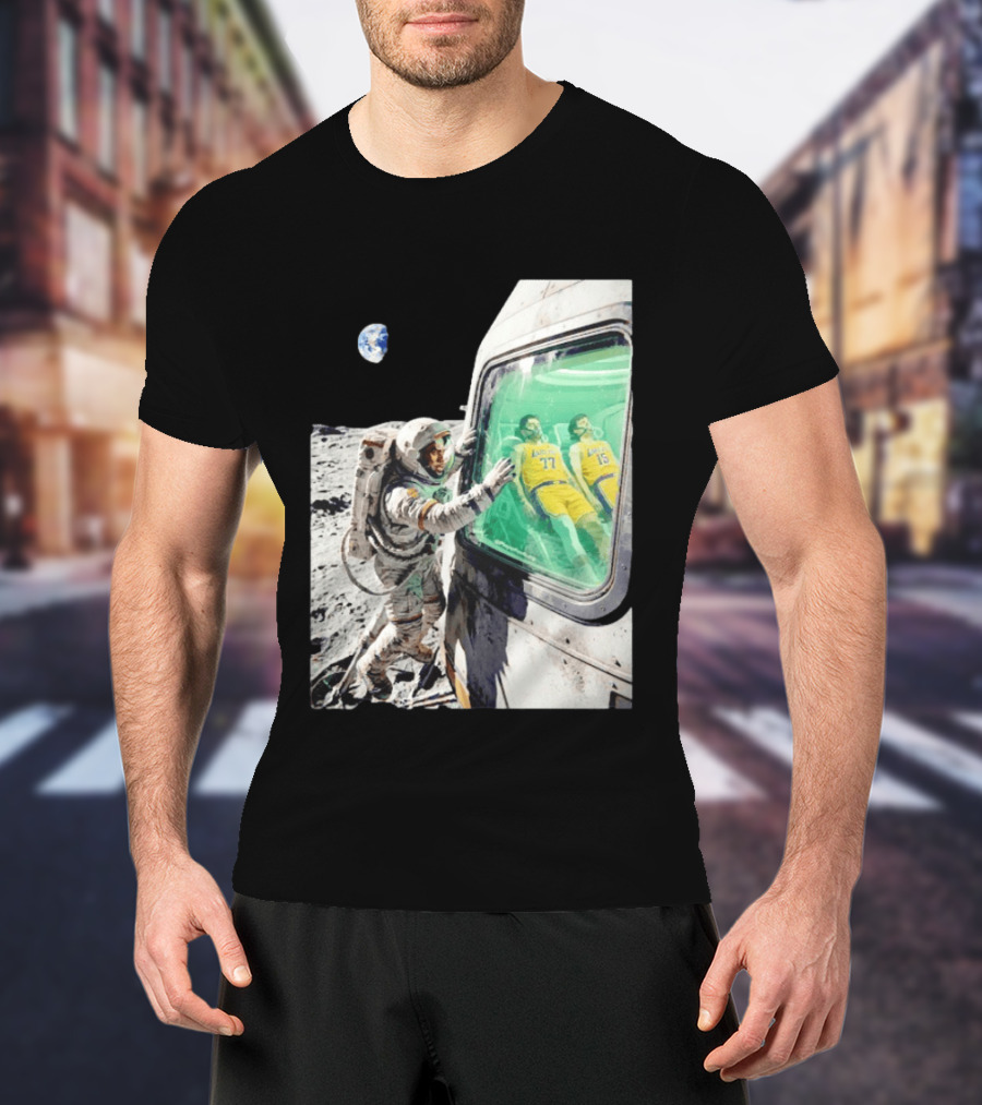 LeBron James Lakers Alone In Space Astronaut Scene With Number 77 And 15 In Spaceship T-Shirt