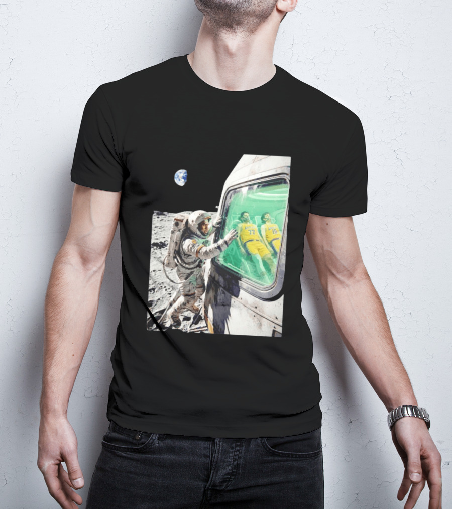 LeBron James Lakers Alone In Space Astronaut Scene With Number 77 And 15 In Spaceship T-Shirt