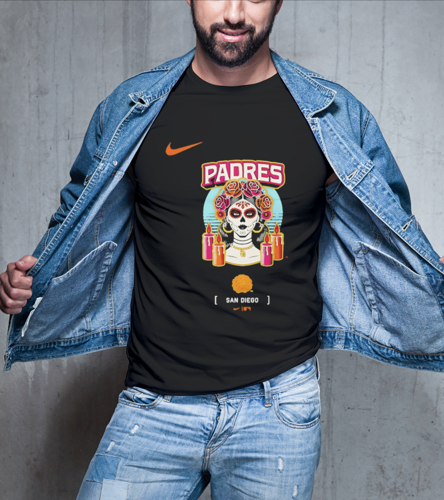 Nike San Diego Padres 2026 City Connect Dia De Los Muertos Candles Roses Large T-Shirt