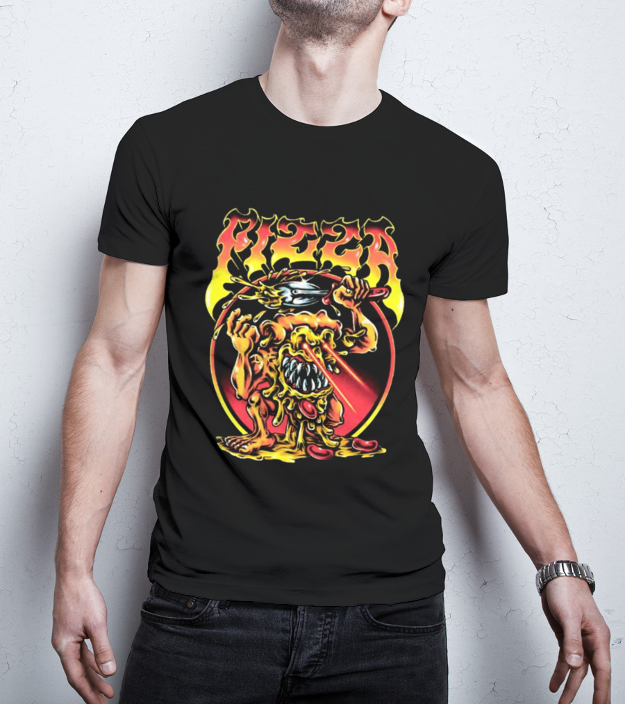 Pizza Monster Melting Laser Eyes Fiery Cheesy Creature T-Shirt
