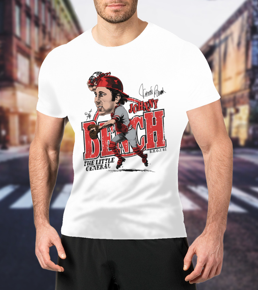 Johnny Bench Cincinnati The Little General Bruce Stark Collection HOF Caricature T-Shirt