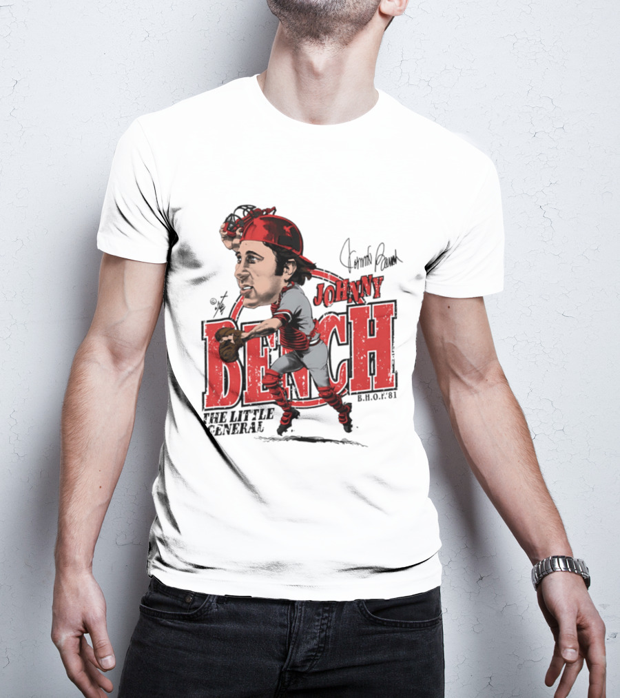 Johnny Bench Cincinnati The Little General Bruce Stark Collection HOF Caricature T-Shirt