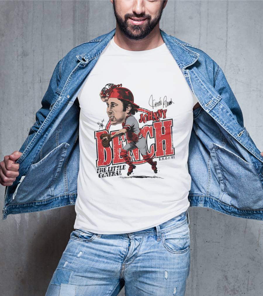 Johnny Bench Cincinnati The Little General Bruce Stark Collection HOF Caricature T-Shirt
