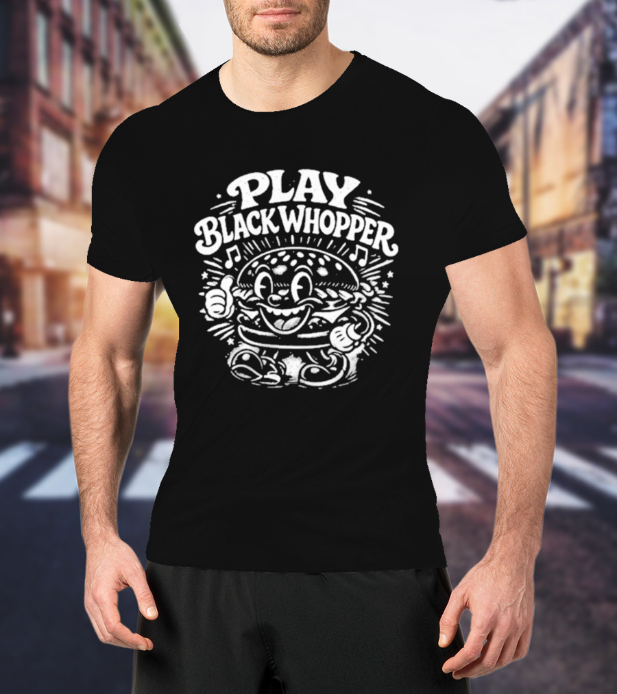 Play Black Whopper Burger Cartoon Thumbs Up Music Notes T-Shirt
