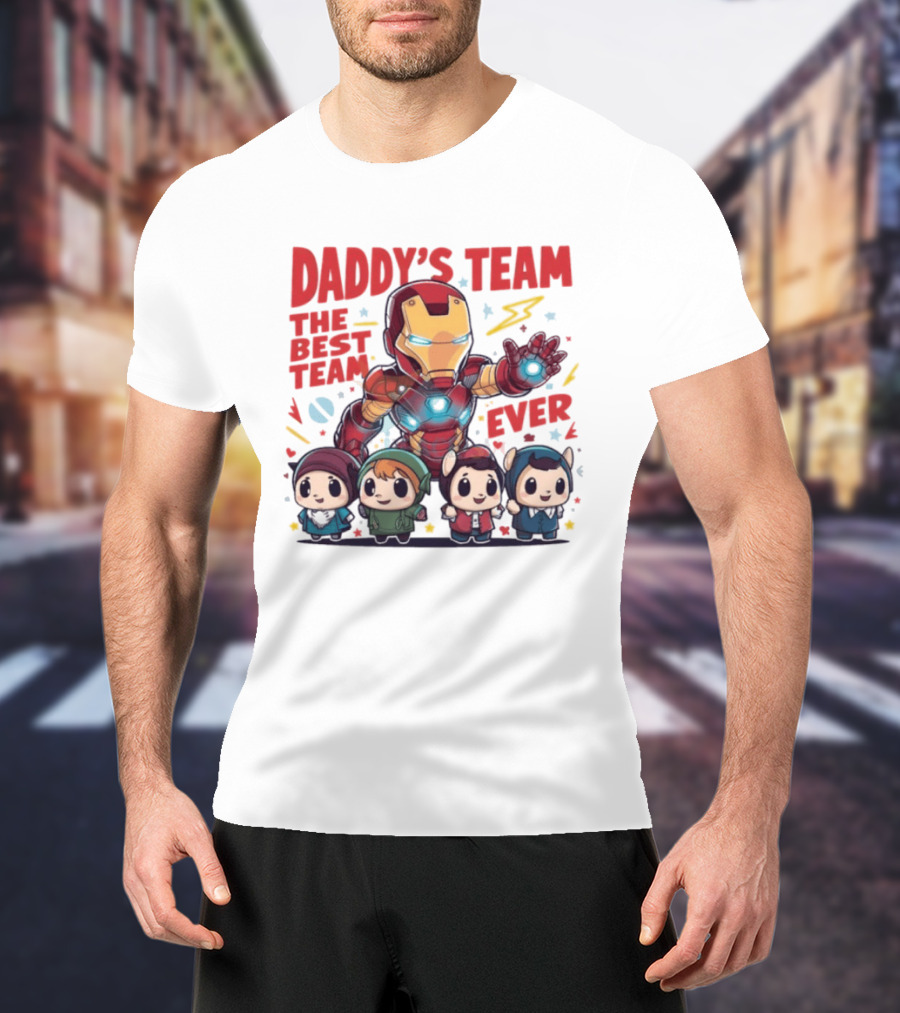Daddys Team The Best Team Ever Superhero Dad Iron Man And Kids T-Shirt