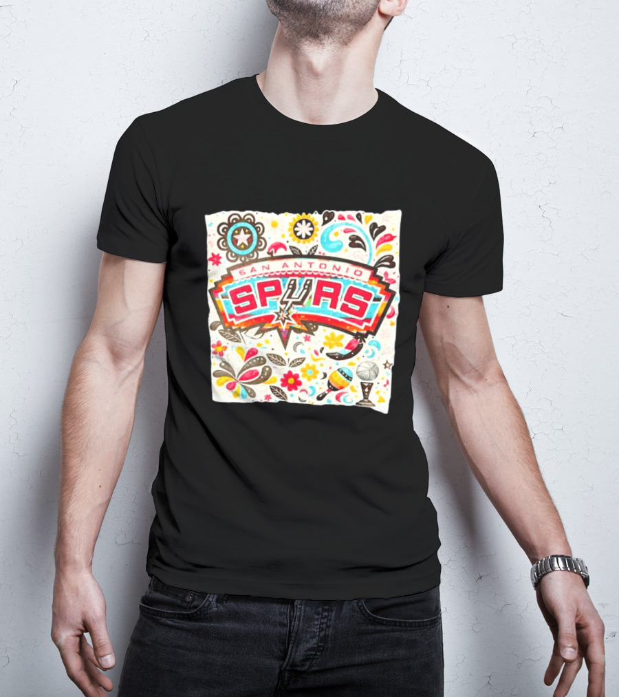 San Antonio Spurs NBA Floral Maracas Basketball Trophy Motif T-Shirt