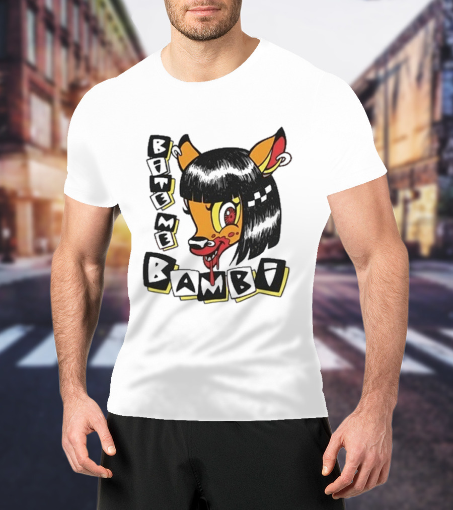 Bite Me Bambi Cartoon Character With Black Hair And Blood Dripping Mouth T-Shirt