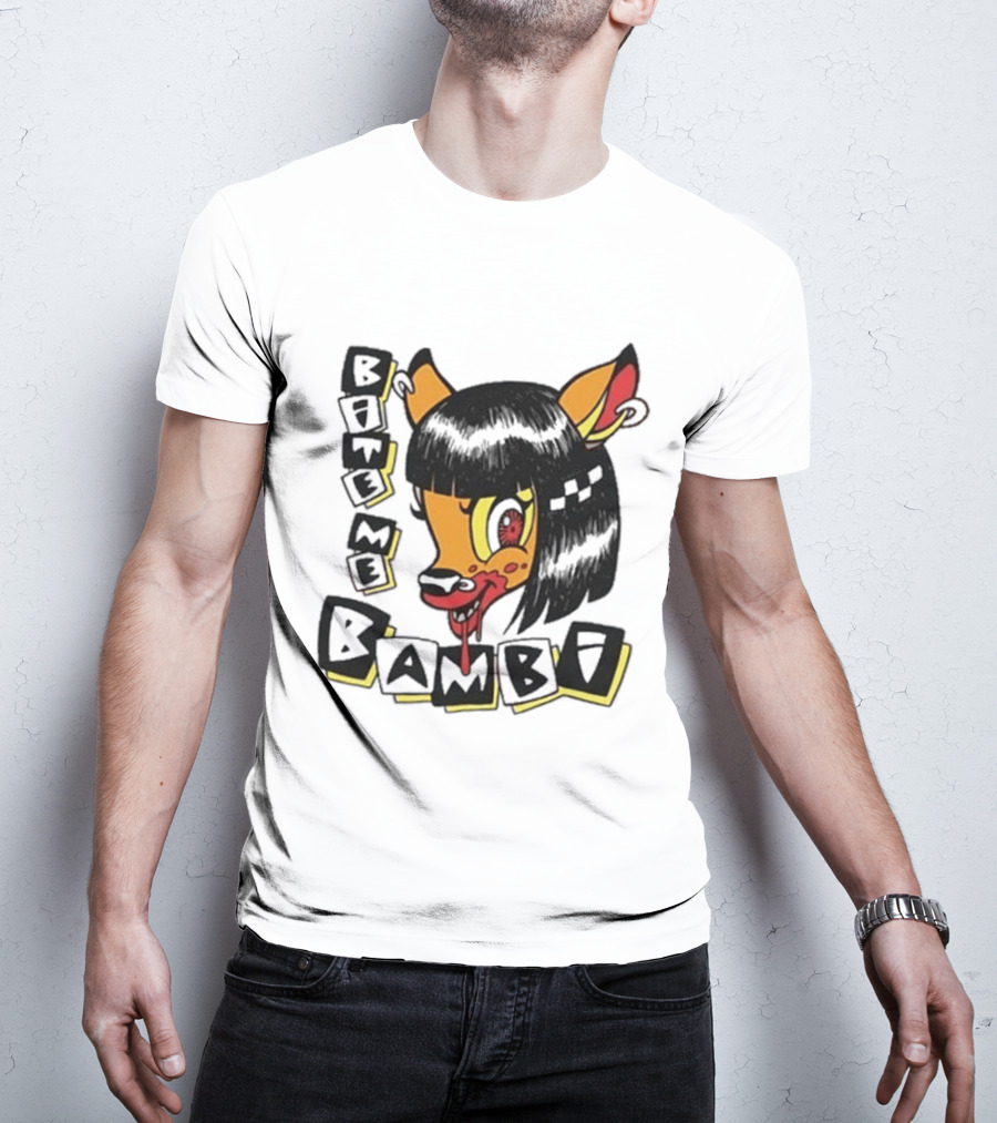 Bite Me Bambi Cartoon Character With Black Hair And Blood Dripping Mouth T-Shirt