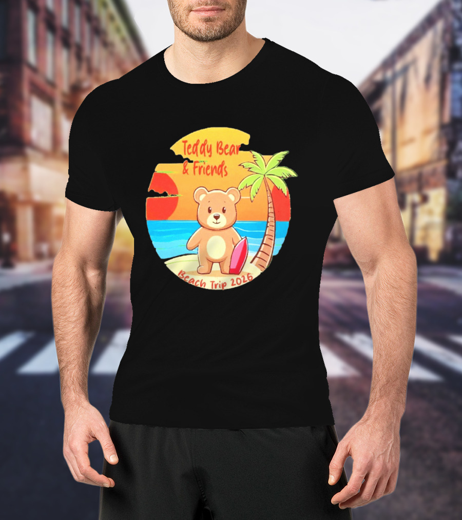 Teddy Bear And Friends Beach Trip 2026 Summer Adventure With Palm And Sunset T-Shirt
