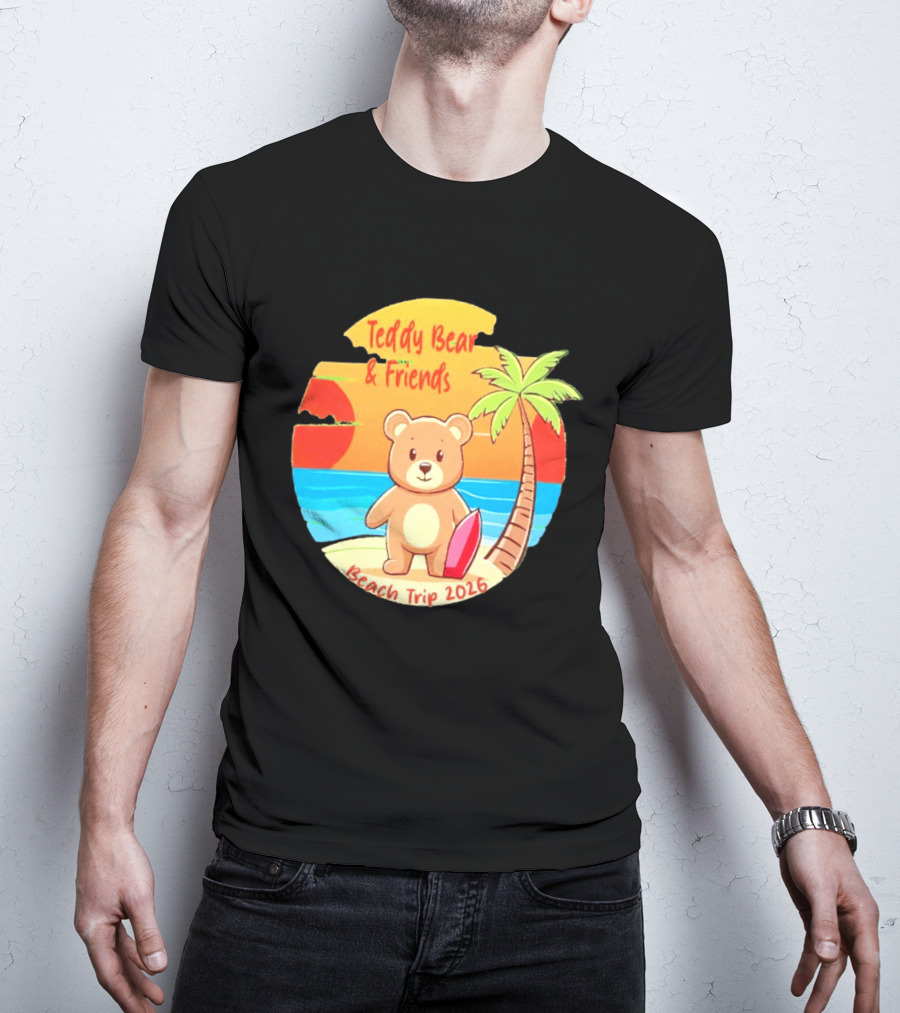 Teddy Bear And Friends Beach Trip 2026 Summer Adventure With Palm And Sunset T-Shirt