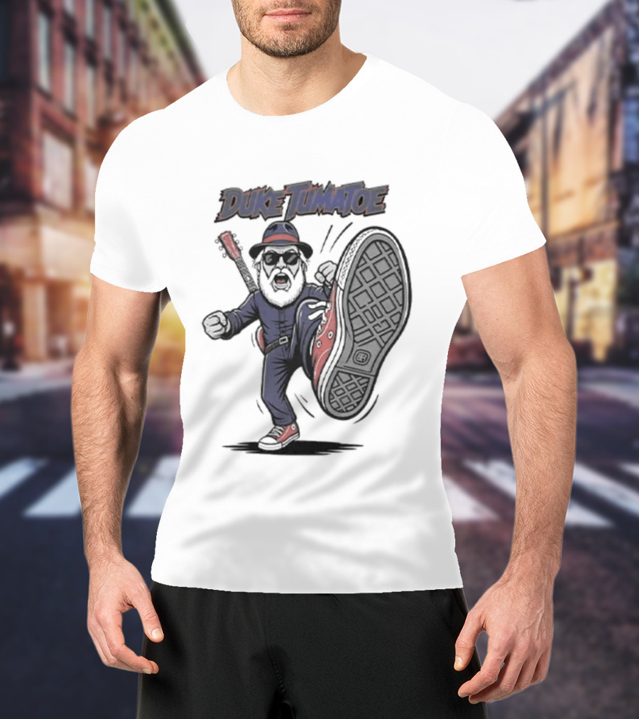Duke Tumatoe Character Kicking Action In Blue Outfit And Red Shoes T-Shirt