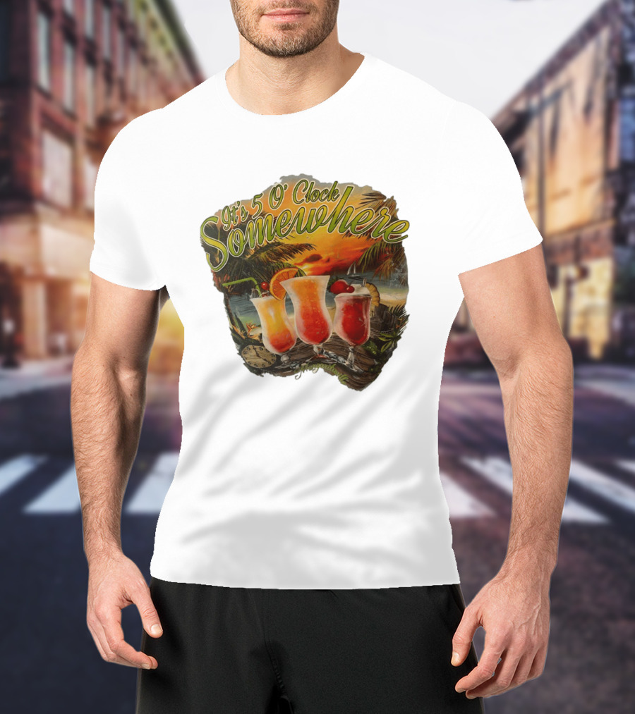 It's 5 O' Somewhere Tropical Sunset Cocktails And Palm Trees T-Shirt