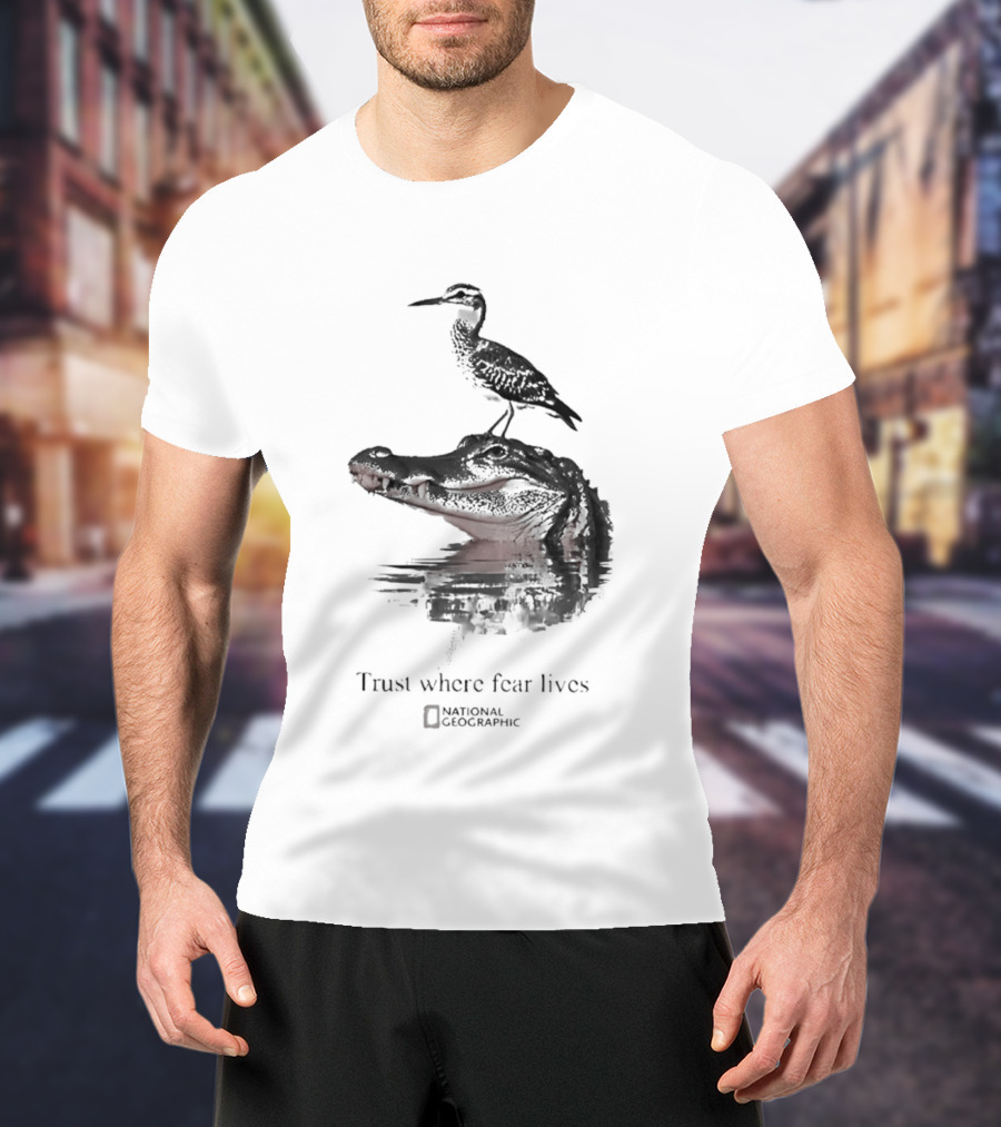 National Geographic Trust Where Fear Lives Alligator And Bird T-Shirt