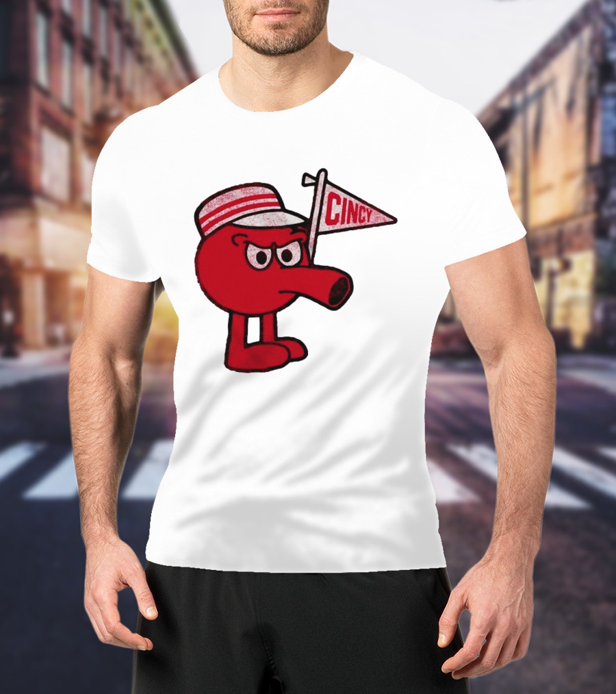 Cincy Redbert Cartoon Character With Striped Hat And Flag T-Shirt