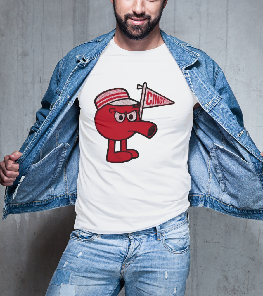 Cincy Redbert Cartoon Character With Striped Hat And Flag T-Shirt