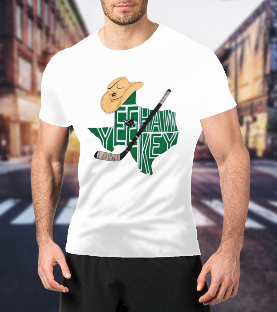Texas Hockey Yeehaw Stars Cowboy Hat Hockey Stick 2026 Casey DeSmith Jake Oettinger Appreciation Night T-Shirt