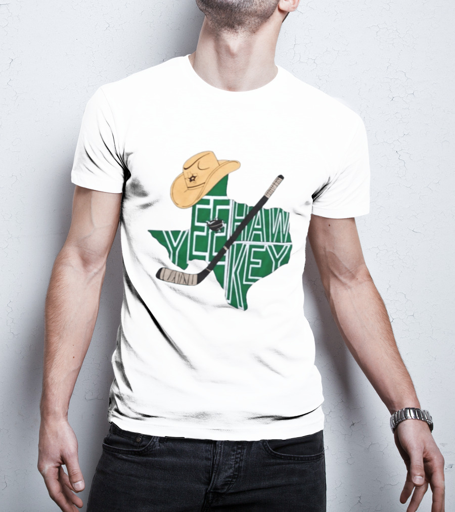 Texas Hockey Yeehaw Stars Cowboy Hat Hockey Stick 2026 Casey DeSmith Jake Oettinger Appreciation Night T-Shirt