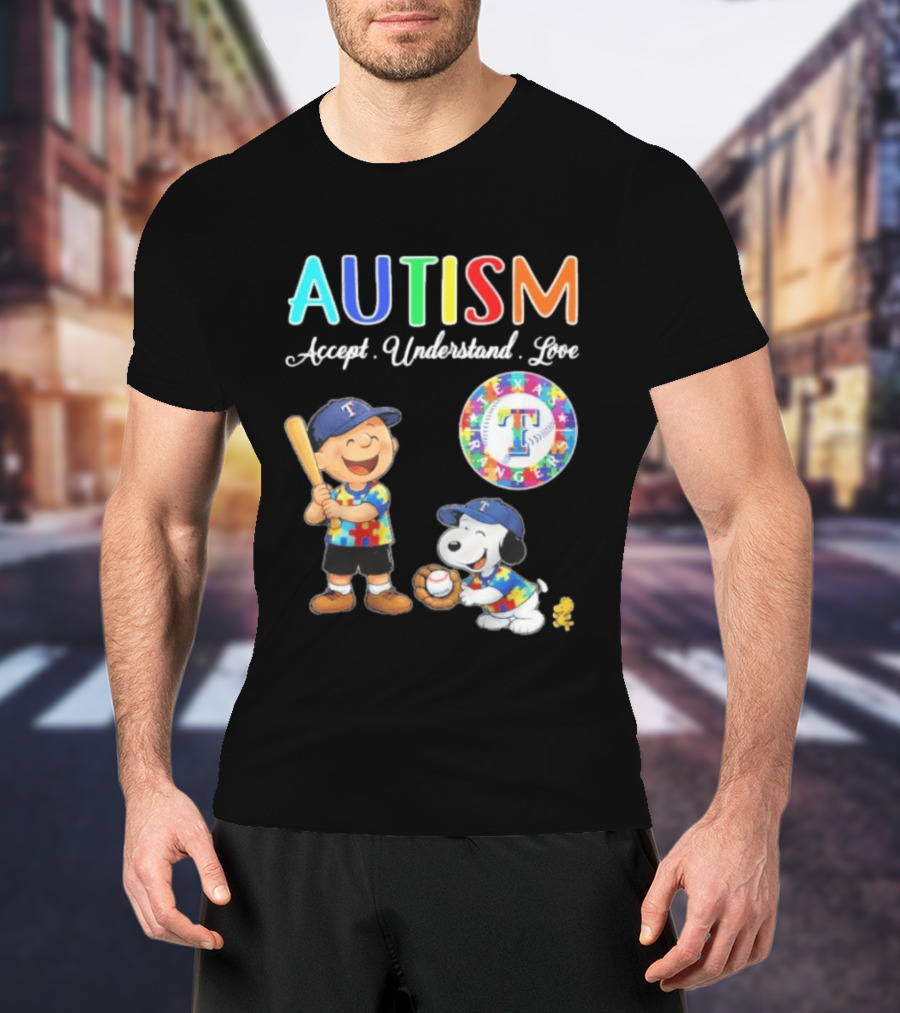 Peanuts Texas Rangers Autism Accept Understand Love Charlie Brown Snoopy T-Shirt