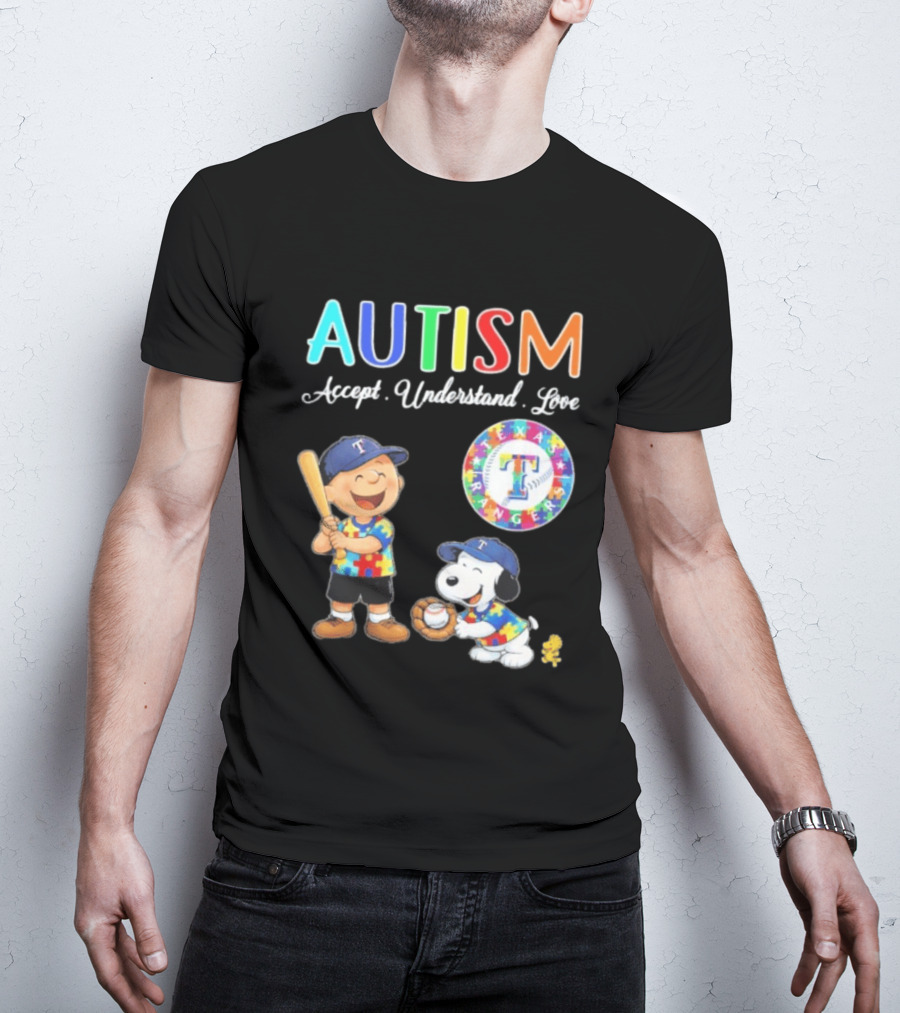 Peanuts Texas Rangers Autism Accept Understand Love Charlie Brown Snoopy T-Shirt