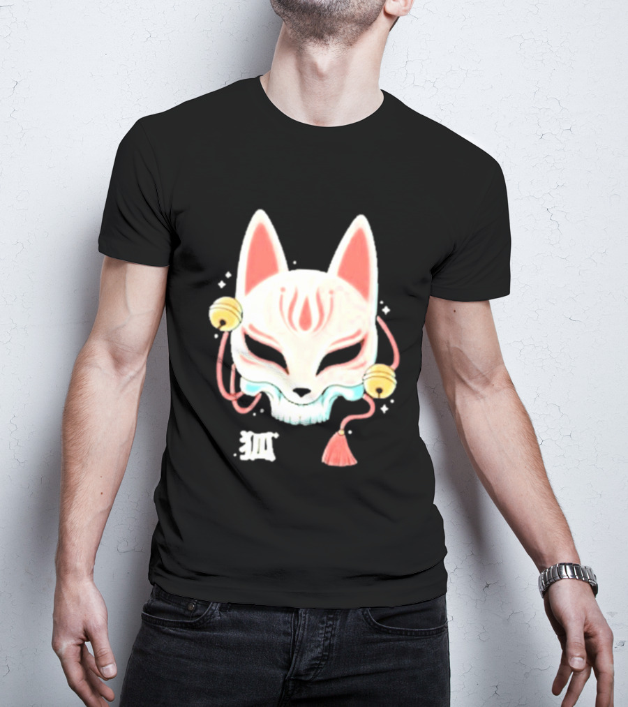 Lonely Club Kitsune Skull Mask With Bells And Kanji T-Shirt