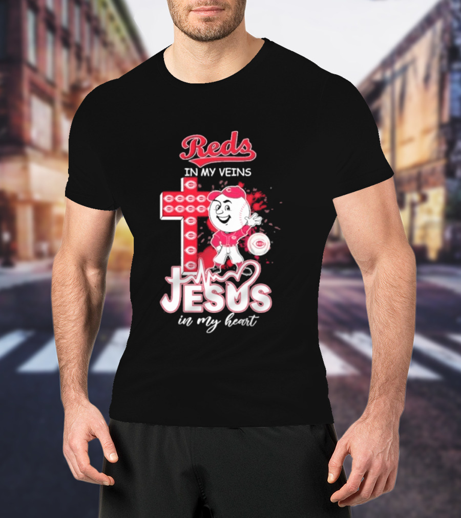 Reds In My Veins Jesus In My Heart Baseball Cross T-Shirt