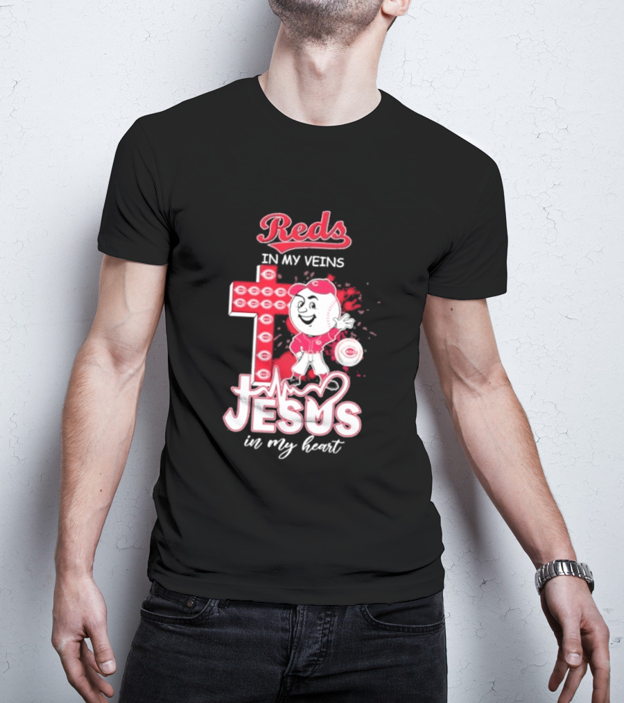 Reds In My Veins Jesus In My Heart Baseball Cross T-Shirt