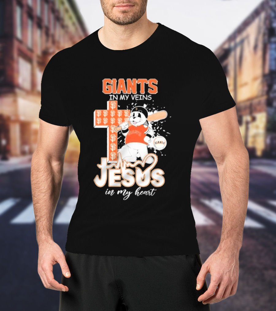 San Francisco Giants In My Veins Jesus In My Heart Baseball Cross Panda T-Shirt
