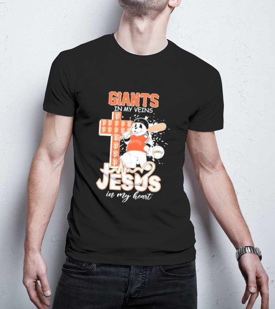 San Francisco Giants In My Veins Jesus In My Heart Baseball Cross Panda T-Shirt