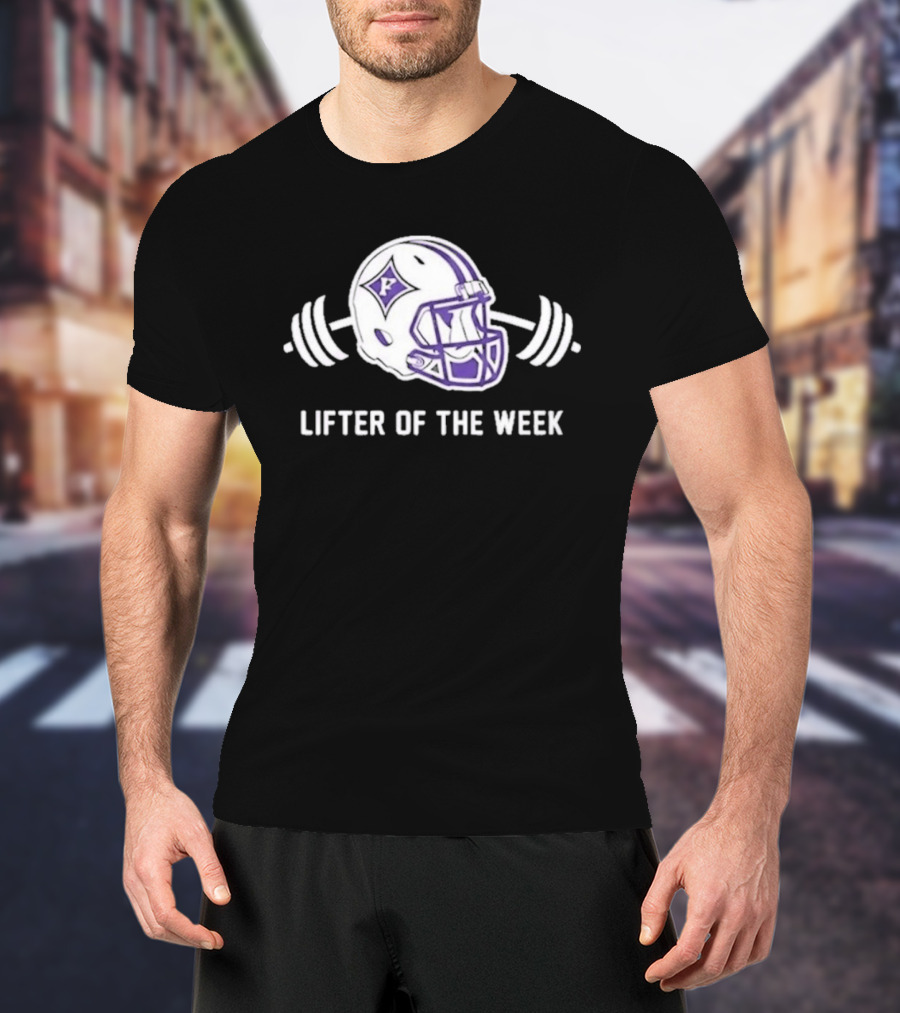 Furman Paladins Lifter Of The Week Helmet Logo With Weights T-Shirt