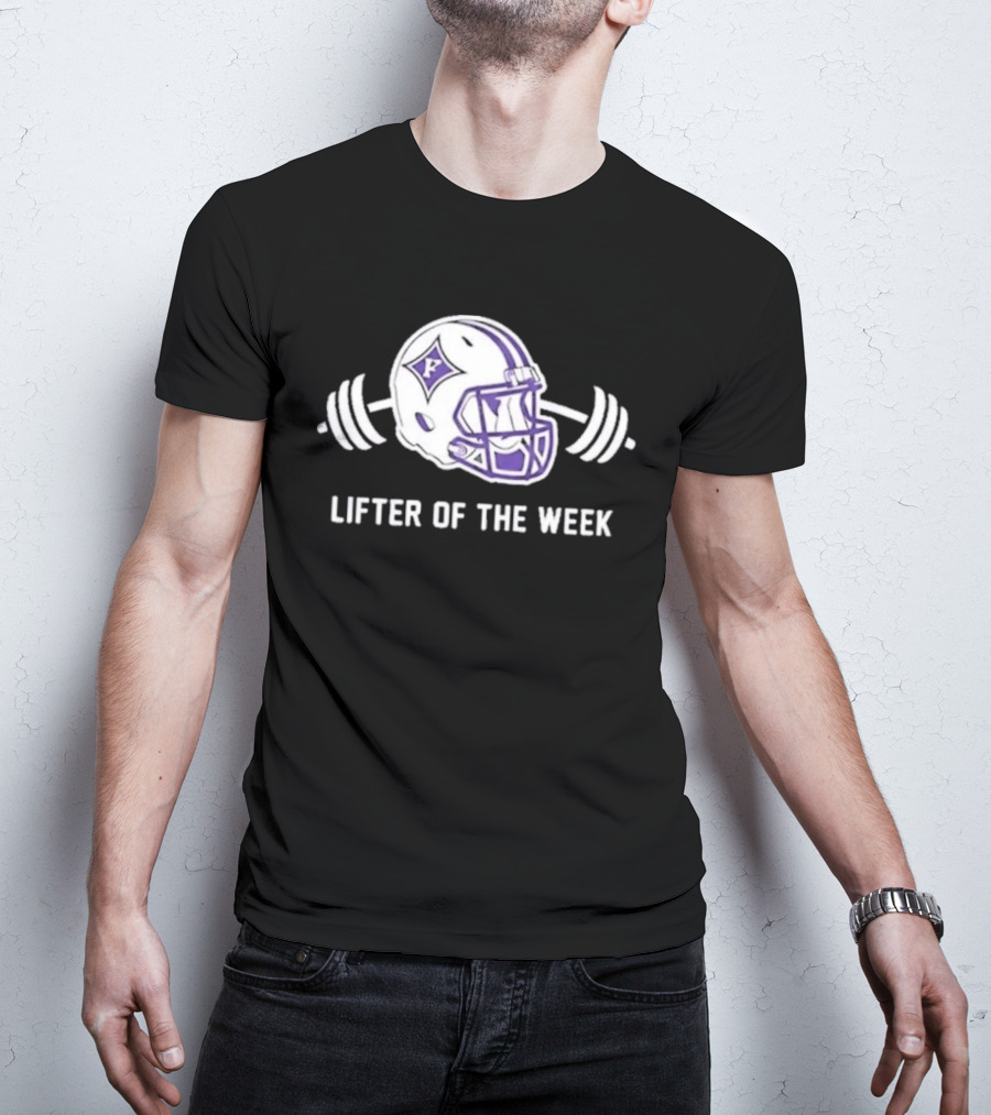 Furman Paladins Lifter Of The Week Helmet Logo With Weights T-Shirt