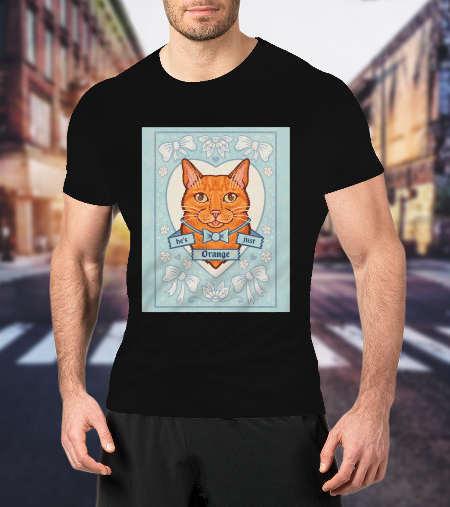 He's Just Orange Cat Floral Bow Blue T-Shirt