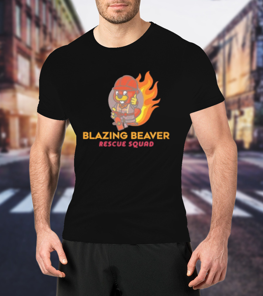 Blazing Beaver Rescue Squad Firefighter Cartoon With Flames T-Shirt
