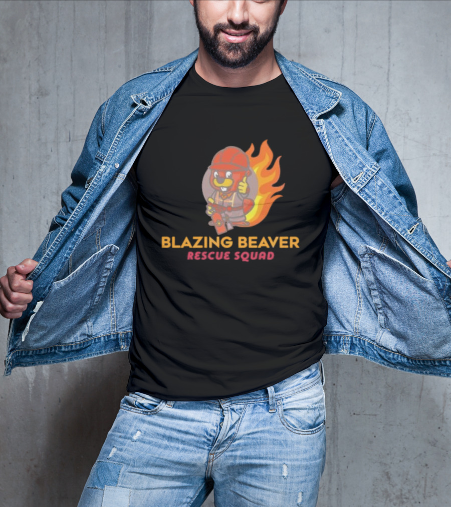 Blazing Beaver Rescue Squad Firefighter Cartoon With Flames T-Shirt