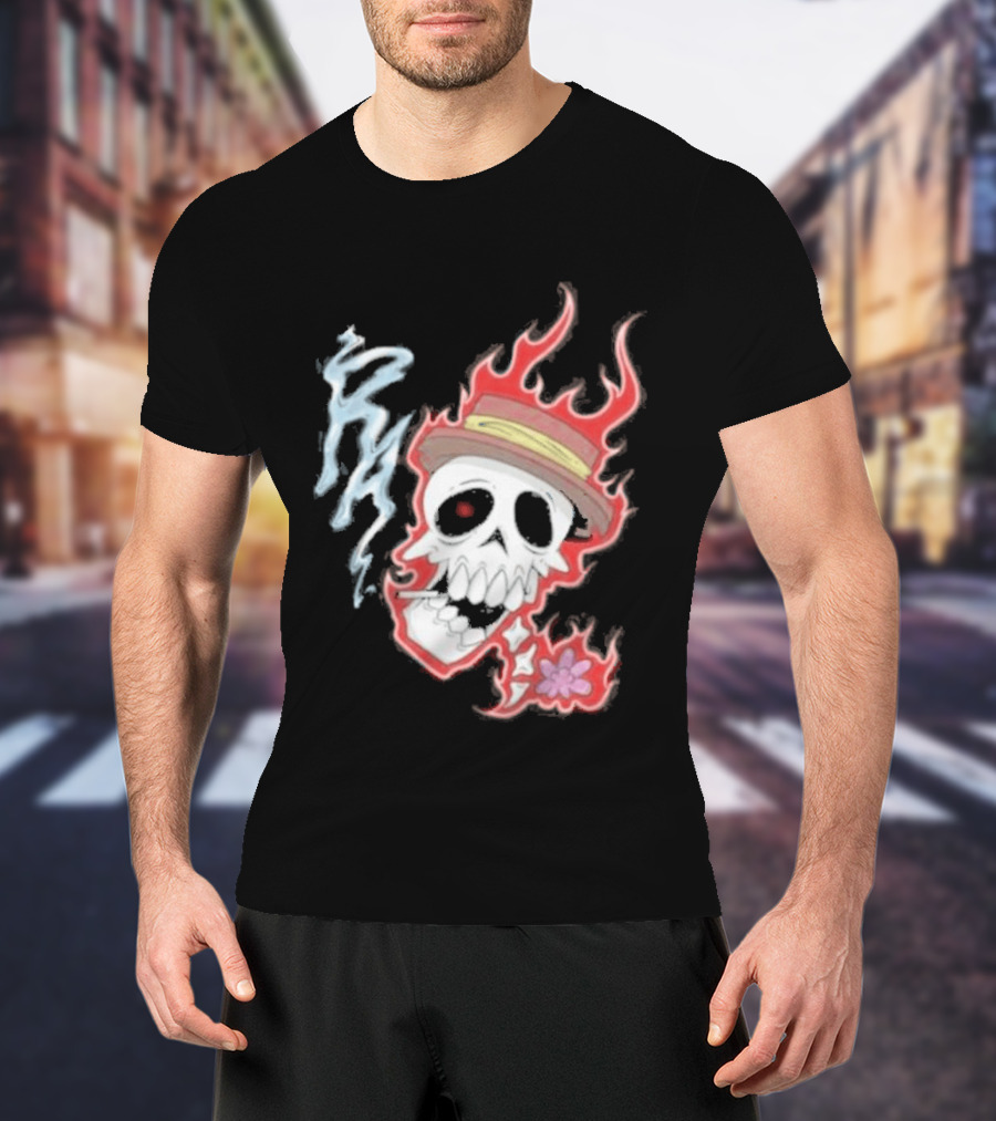 Rare Americans Skull With Flames And Hat Flower T-Shirt