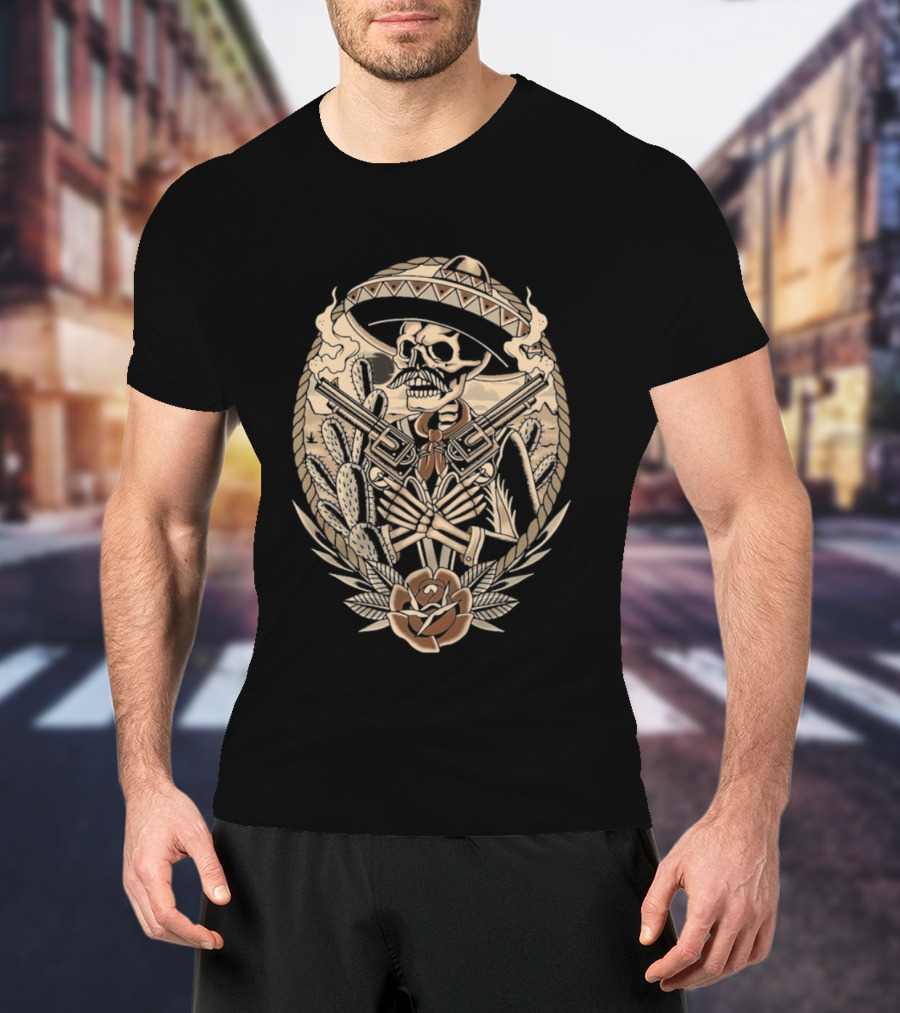 Deathsperado Skeleton Cowboy With Guns Roses And Dollar Signs Black T-Shirt