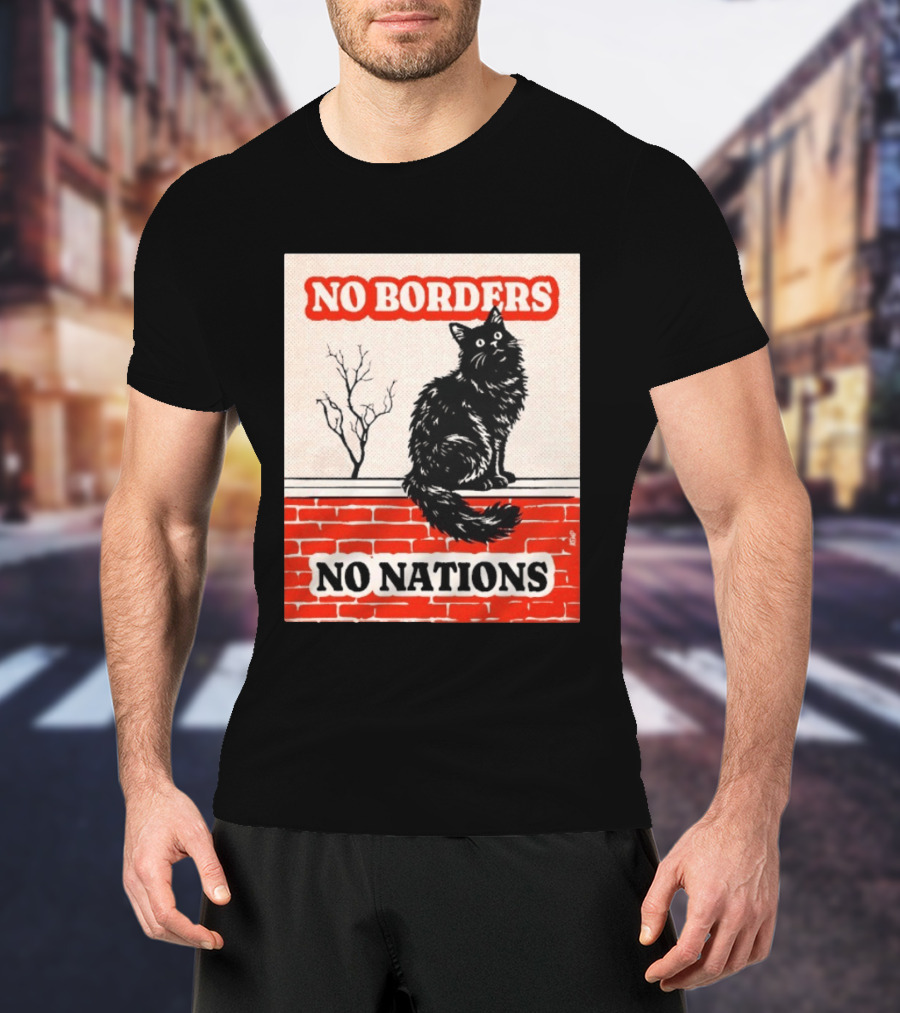 No Borders No Nations Cat Black Feline On Brick Wall T-Shirt