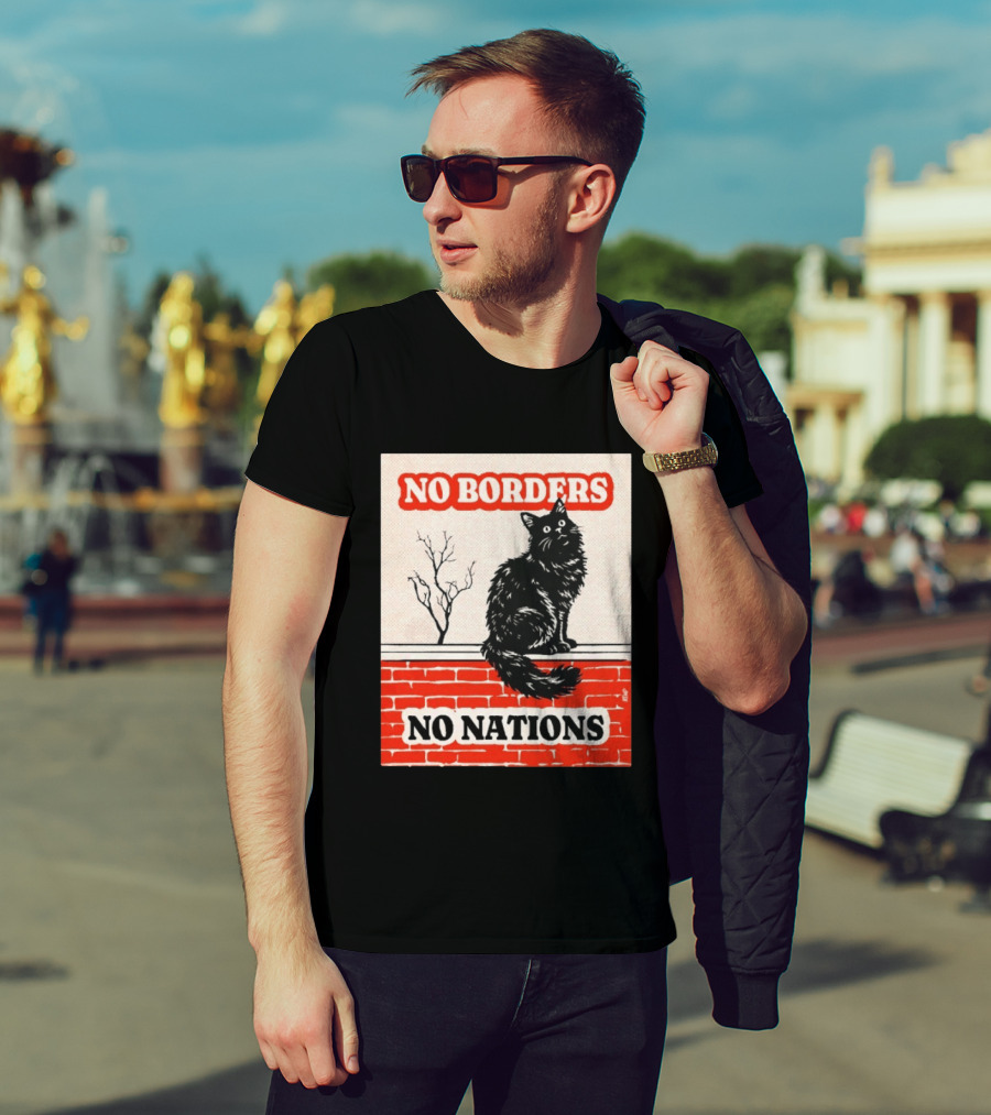 No Borders No Nations Cat Black Feline On Brick Wall T-Shirt
