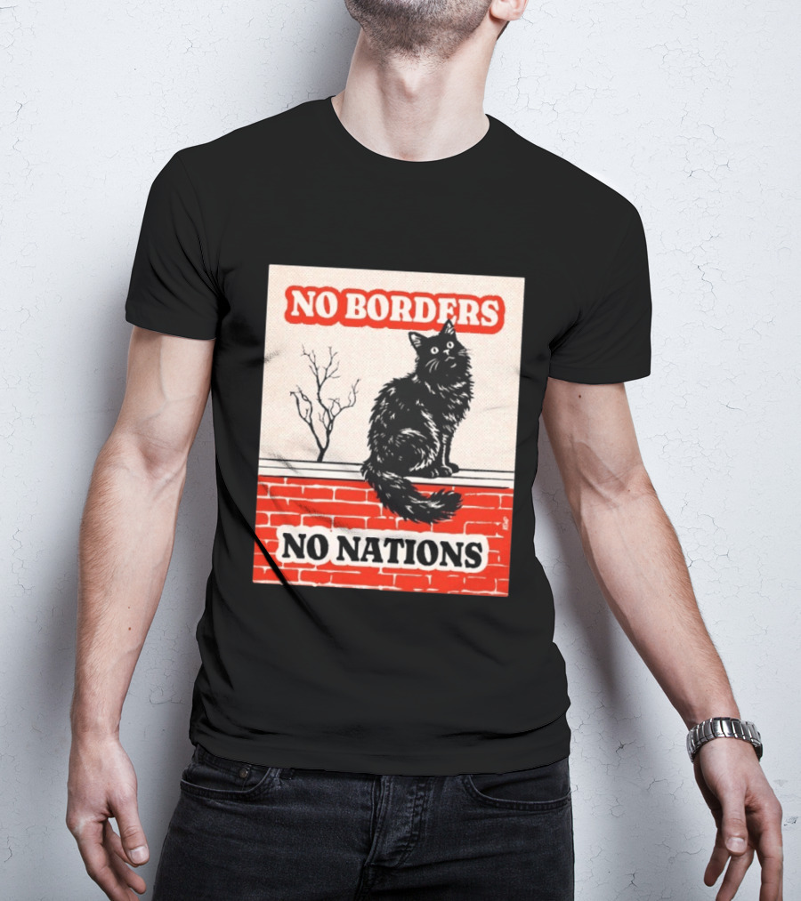 No Borders No Nations Cat Black Feline On Brick Wall T-Shirt